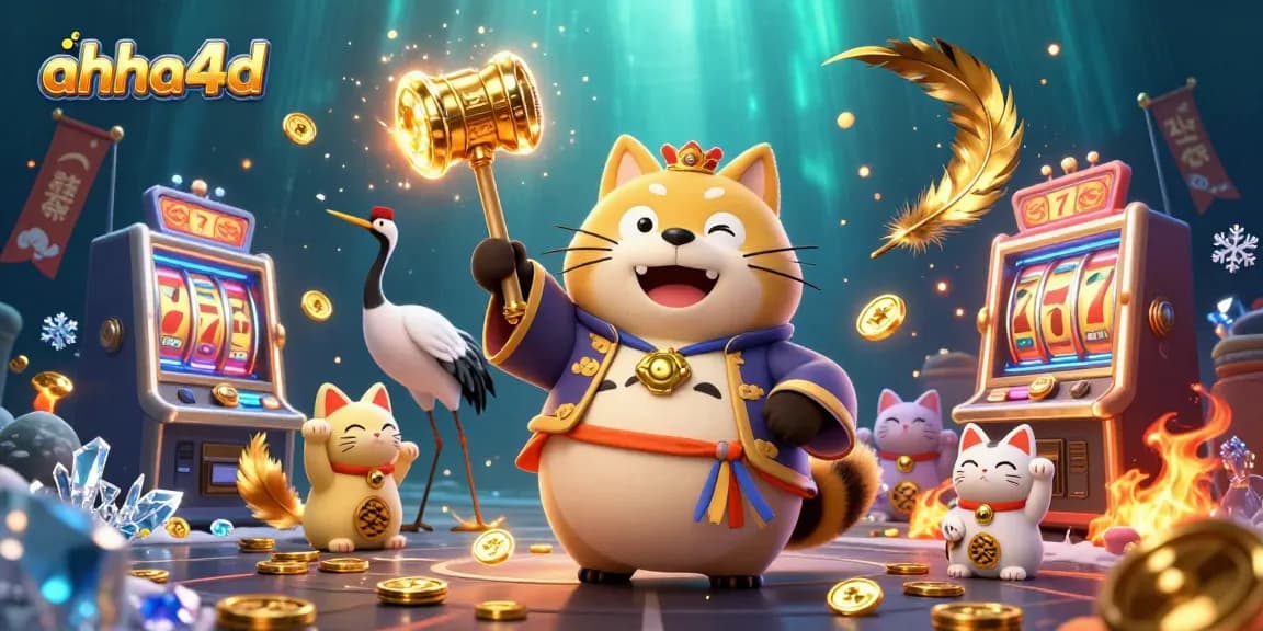 Spin the reels of ahha4d with a cheerful tanuki and colorful maneki-neko in this vibrant casino scene.