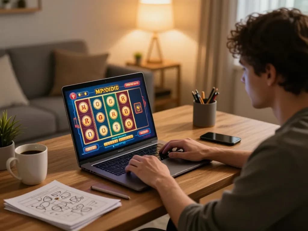 Player enjoying mpoid slot game on laptop in a cozy home office setup with warm lighting.