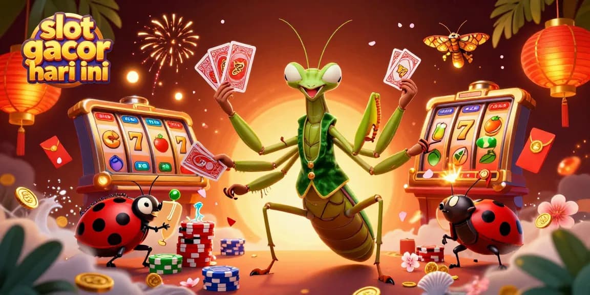 Bermain slot gacor hari ini dengan mantis kasino, simbol keberuntungan, dan suasana cerah yang menggembirakan.