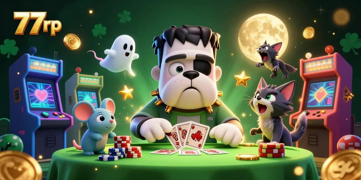 Join the exciting world of 77rp as the Frankenstein bulldog monster deals cards amidst a spooky casino atmosphere.