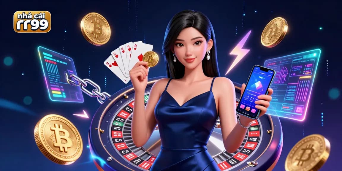 Engage with nhà cái rr99 in this vibrant illustration showcasing a confident Asian woman holding casino elements and a smartphone.