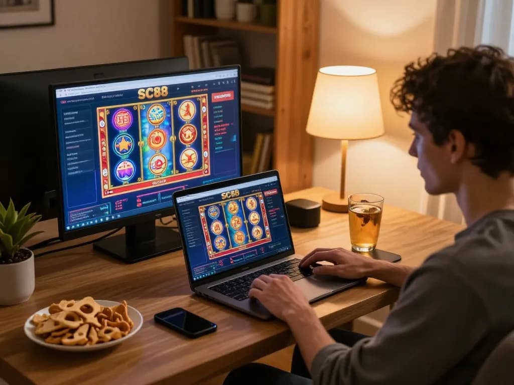 Player enjoying SC88 online casino gaming from home, vibrant slots on laptop screen.