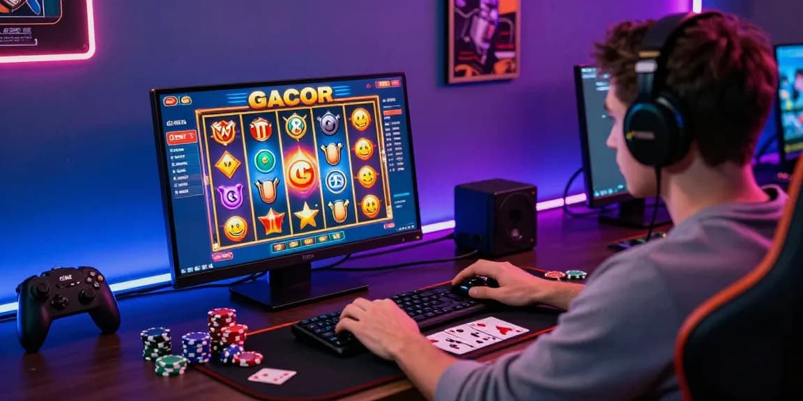 Engaging player immersed in slot gacor game on laptop, vibrant digital casino atmosphere.