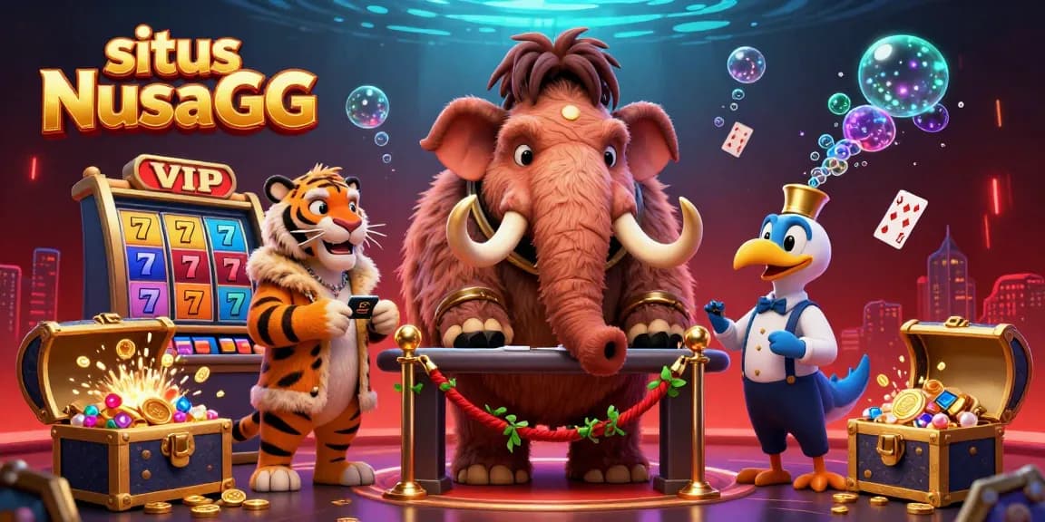 situs NusaGG casino scene with a woolly mammoth bouncer, saber-tooth VIP, and colorful slot elements