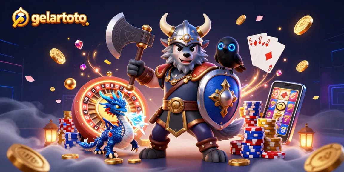 Engage with gelartoto in an exciting 3D casino scene featuring a Viking wolf warrior, dragon, and dynamic casino elements.