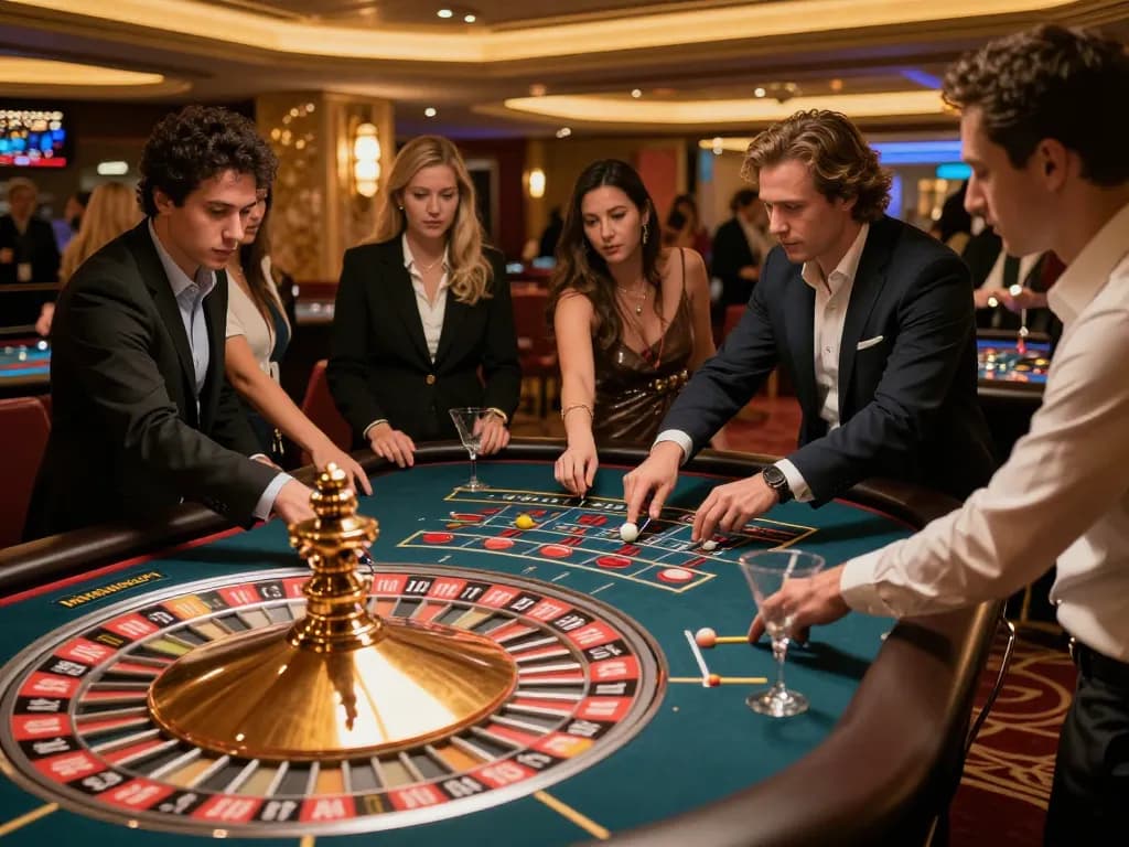 Players engaging in intense gameplay at UG DEWA roulette table in luxurious casino setting