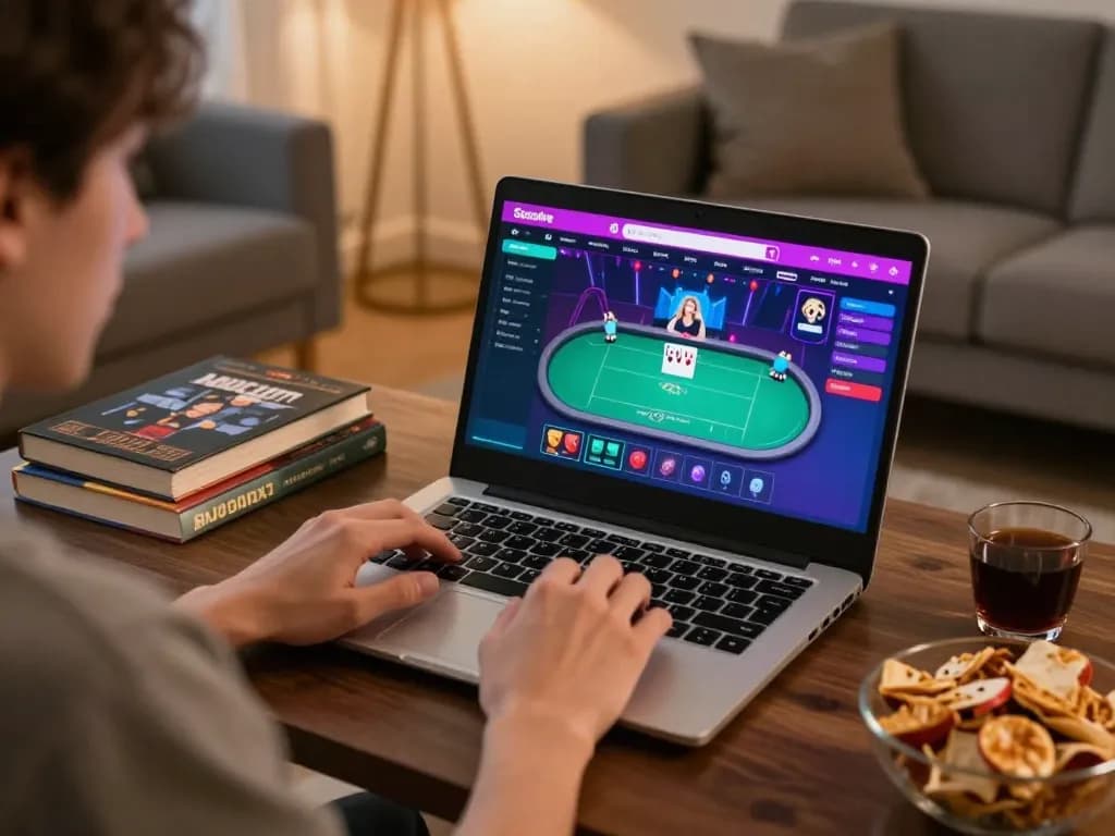 Socolive trực tiếp: Engaging online poker experience featuring vibrant interface and strategic elements in a cozy home setting.