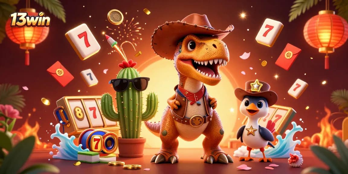 Engage in exciting adventures with 13win, featuring a cowboy T-Rex alongside casino elements.