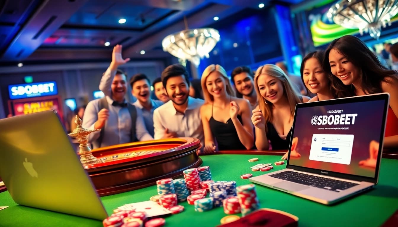 Experience the excitement of sbobet login terbaru with online betting visuals featuring poker chips and a roulette wheel.