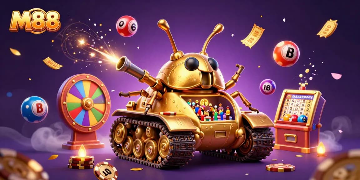 M88 offers a stunning casino experience with a golden beetle tank filled with excitement and rewards.