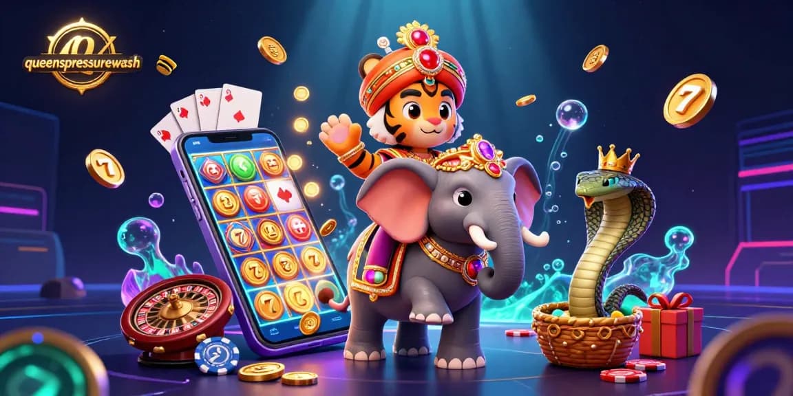 Experience exciting games with queenspressurewash as the tiger rides through vibrant casino elements.