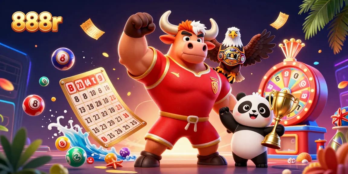 Win big with 888r through inviting dynamic gameplay and festive elements, showcasing a victorious mascot scene.