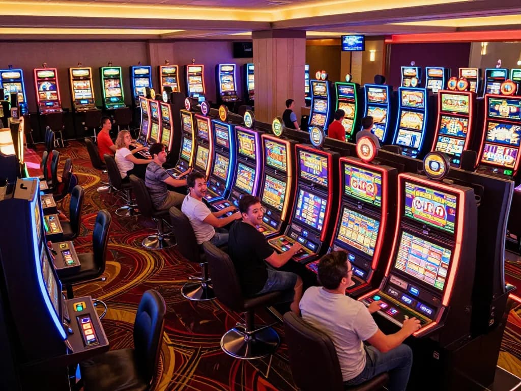 Players engaging with slot machines at tg88 casino, showing excitement and thrill in vibrant casino atmosphere.