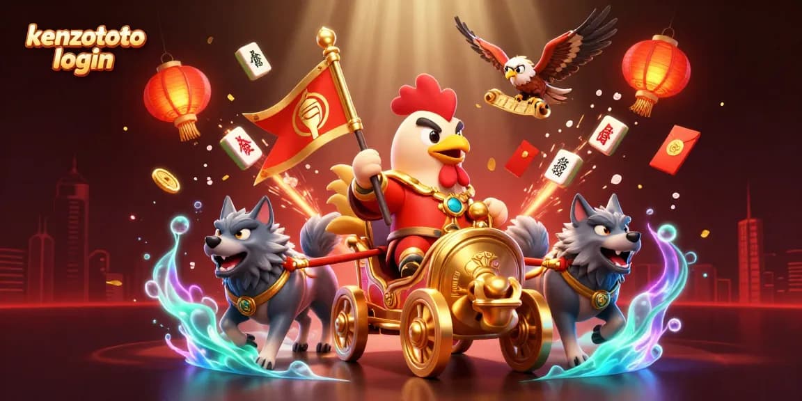 Engage with kenzototo login's exciting gaming adventure featuring a rooster warlord and dynamic casino elements.