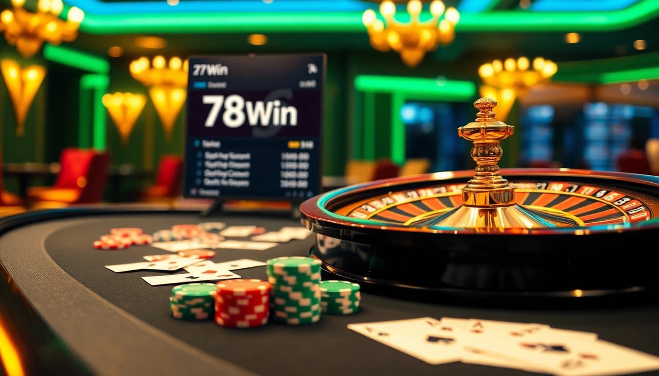Experience thrilling gaming action at 78Win with vibrant poker chips and roulette excitement.
