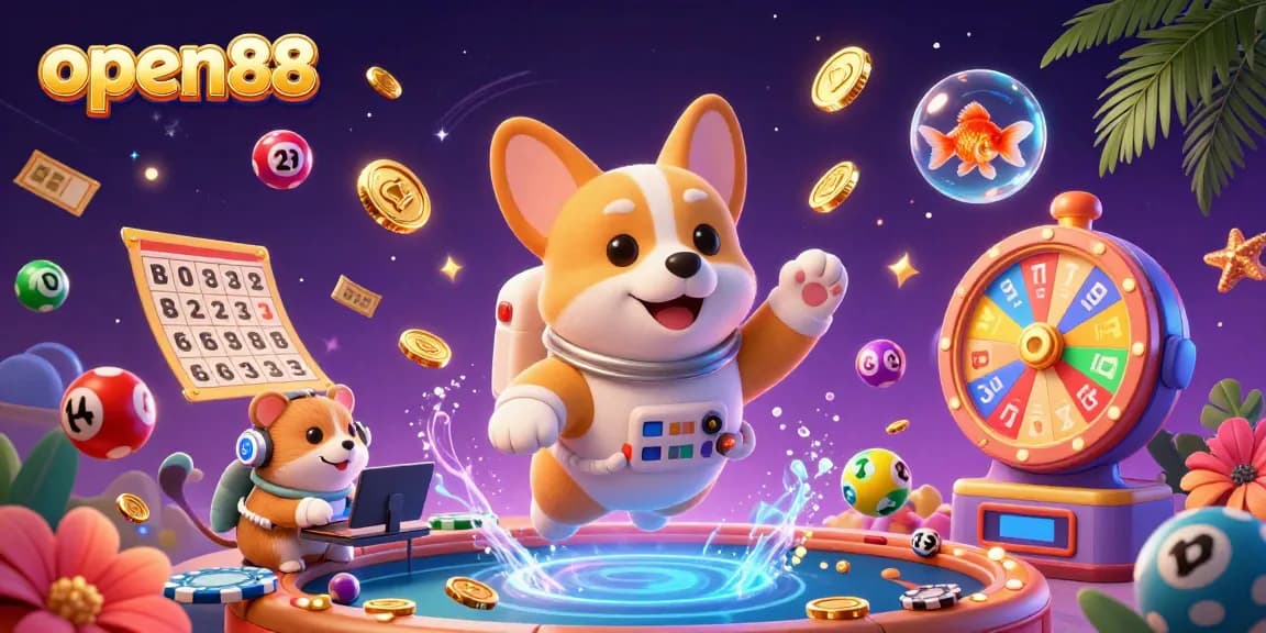 Experience thrilling gaming with open88 as our astronaut corgi enjoys a vibrant casino atmosphere filled with fun elements.