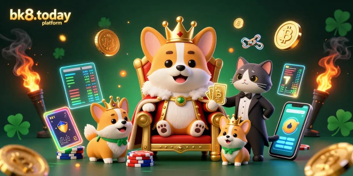 Engage with the bk8.today platform through this ultra-detailed 3D illustration showcasing a royal corgi and a cat butler in a vibrant casino setting.