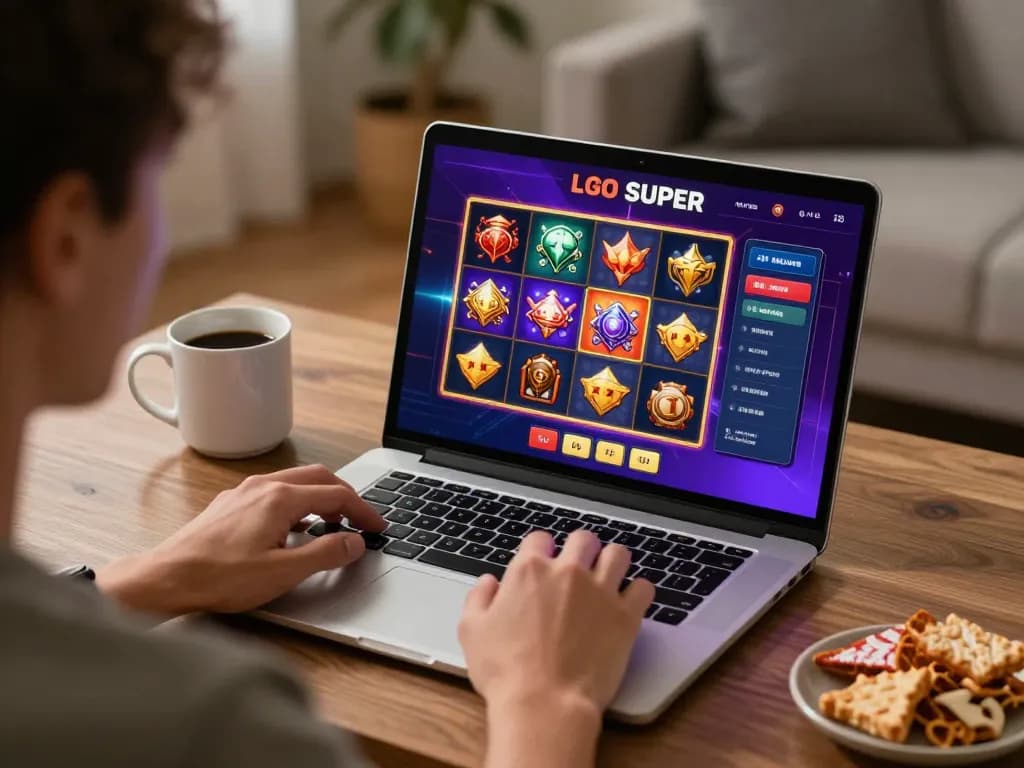 Engaging gameplay session on LGO SUPER slot game in a cozy home setting, highlighting online gambling excitement.