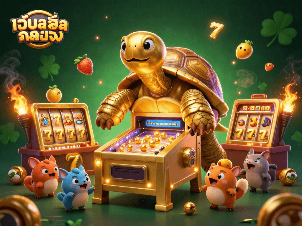 Engage withเว็บสล็อตตรง featuring a gold tortoise pinball and vibrant casino elements.