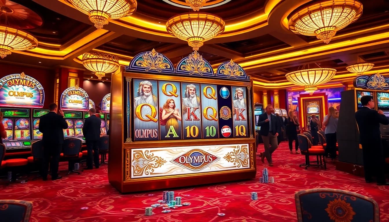 Excited players winning at an olympus slot machine in a vibrant casino setting.