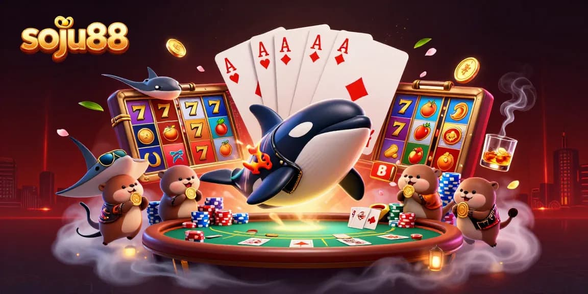 Engage in thrilling gaming at soju88 with a cartoon whale, stingray, and otters celebrating wins.