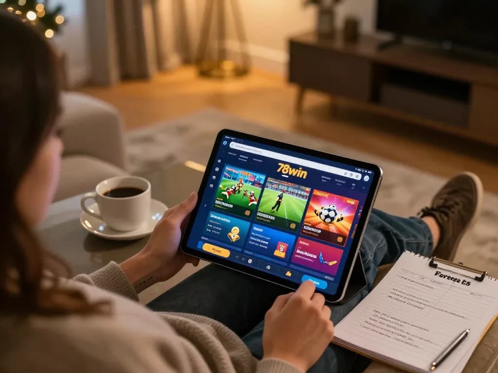Betting activities on the 78win app displayed on a tablet in a cozy home setting.