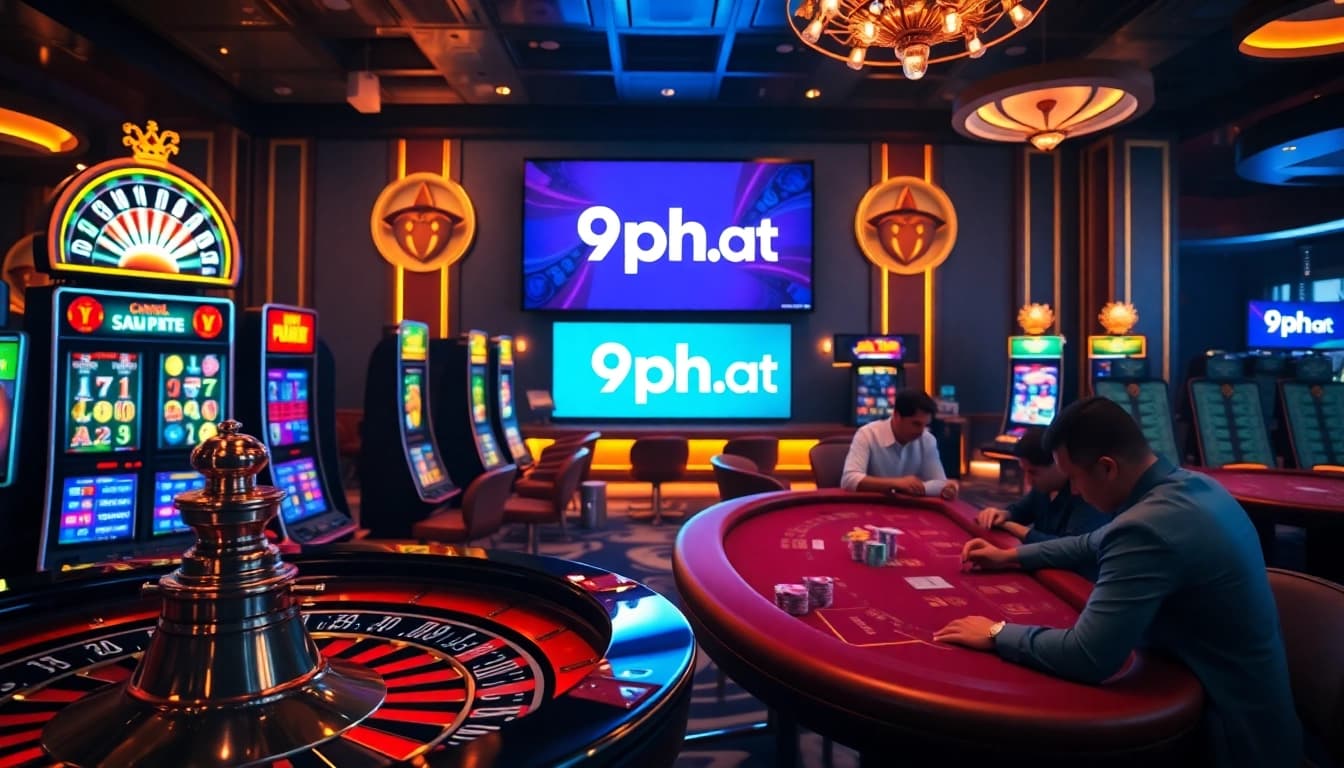 Engage in thrilling gaming experiences at 9ph.art with vibrant slot machines and a live poker table.