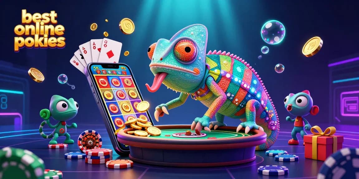 Experience the thrill of the best online pokies with vibrant chameleon casino owner and interactive slot elements.