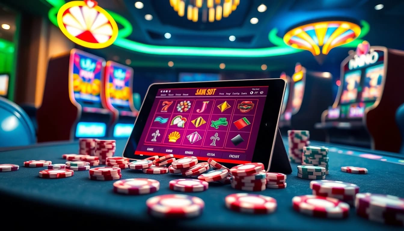 Experience the thrill with link slot pakai pulsa at vibrant casinos featuring slot machines and poker chips.