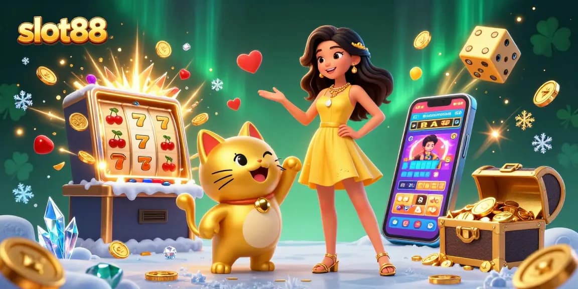 Experience the excitement of slot88 with the charming Asian woman and golden lucky cat amidst a jackpot of coins.