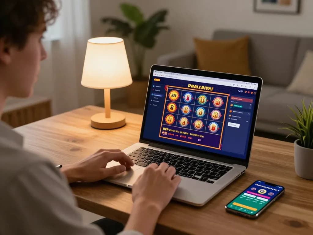 Engaged player using an online casino platform featuring link gacor slot games with vibrant gameplay on screen.