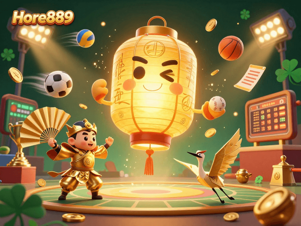 Engage in thrilling games at Hore889, showcasing 3D characters amidst dynamic sports elements and vibrant casino action.