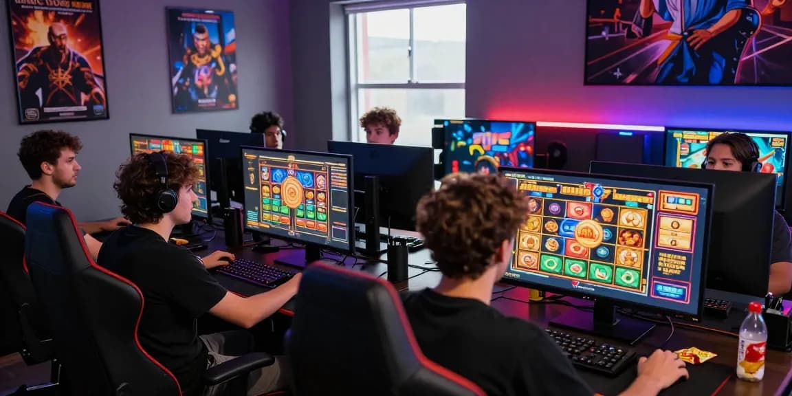 Penggemar slot server thailand berkumpul di ruang gaming, suasana ceria dengan layar yang menampilkan grafis menarik.