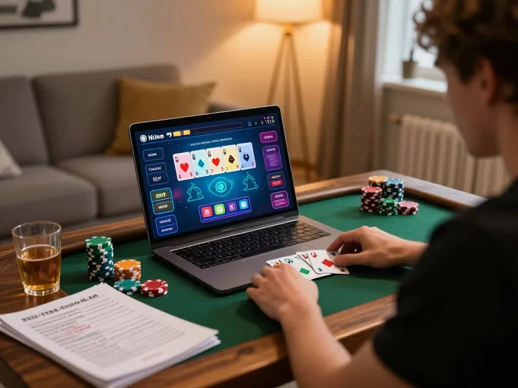 KADAL 778 poker game strategy displayed on laptop in cozy home setting
