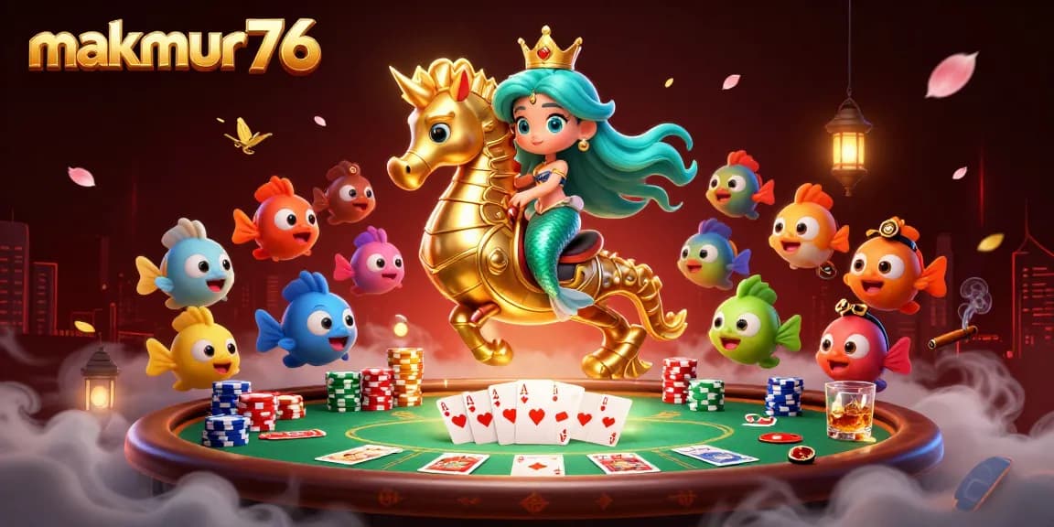Experience strategic gameplay with makmur76 in this vibrant casino scene featuring dynamic characters and poker elements.