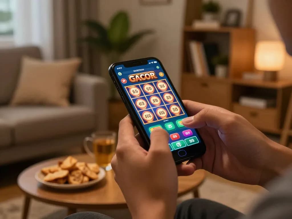 Terlibat dalam perjudian online melalui smartphone dengan opsi link slot gacor yang ditampilkan, menampilkan lingkungan bermain di rumah.