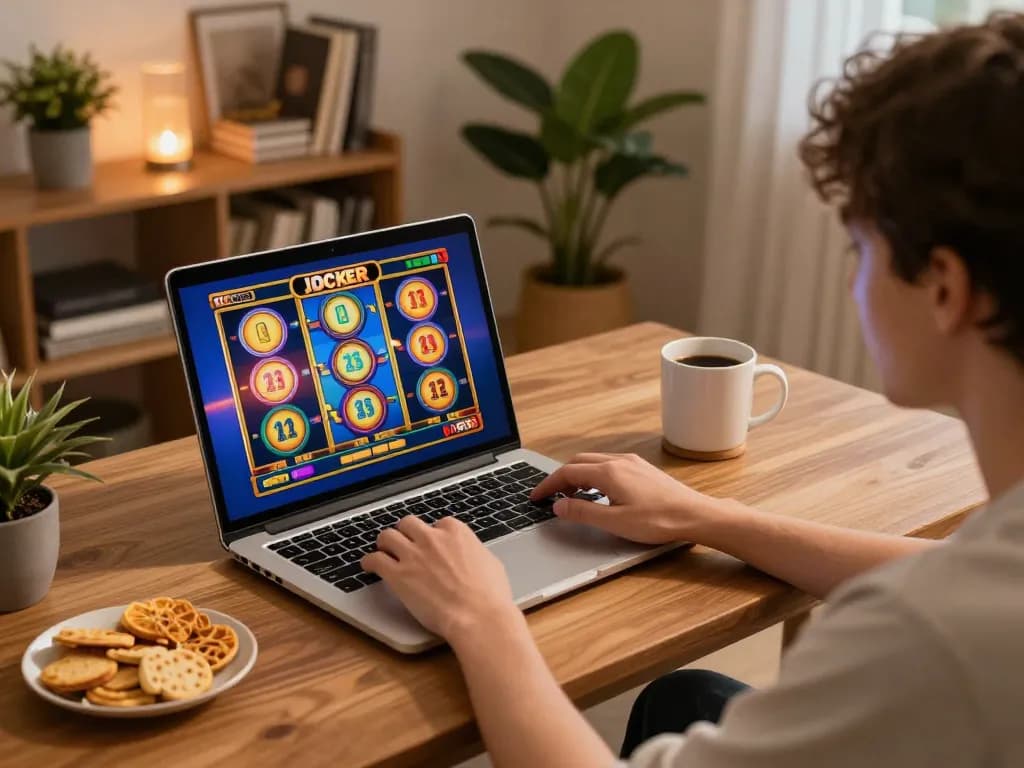 Engaging in IDC88 JOKER online slot games at home with snacks and warm lighting.