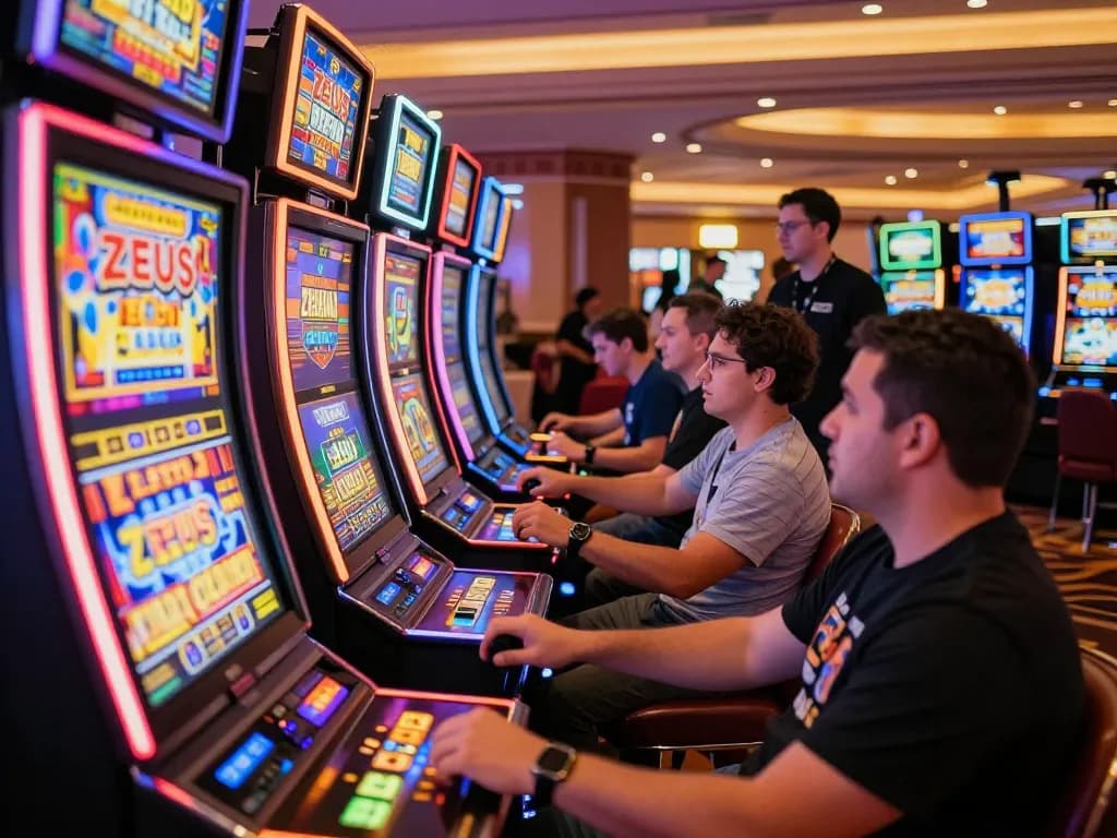 Players enjoying vibrant slot zeus machines with spinning reels in a lively casino atmosphere.