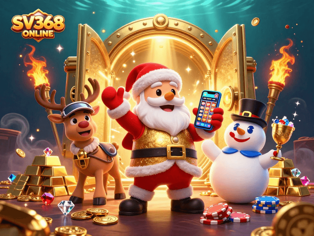 Experience the thrill of SV368 ONLINE with a vibrant casino-themed scene featuring Santa and friends.
