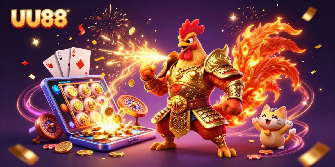 Experience thrilling gameplay with UU88's vibrant 3D casino scene featuring cartoon warriors and exciting slot elements.