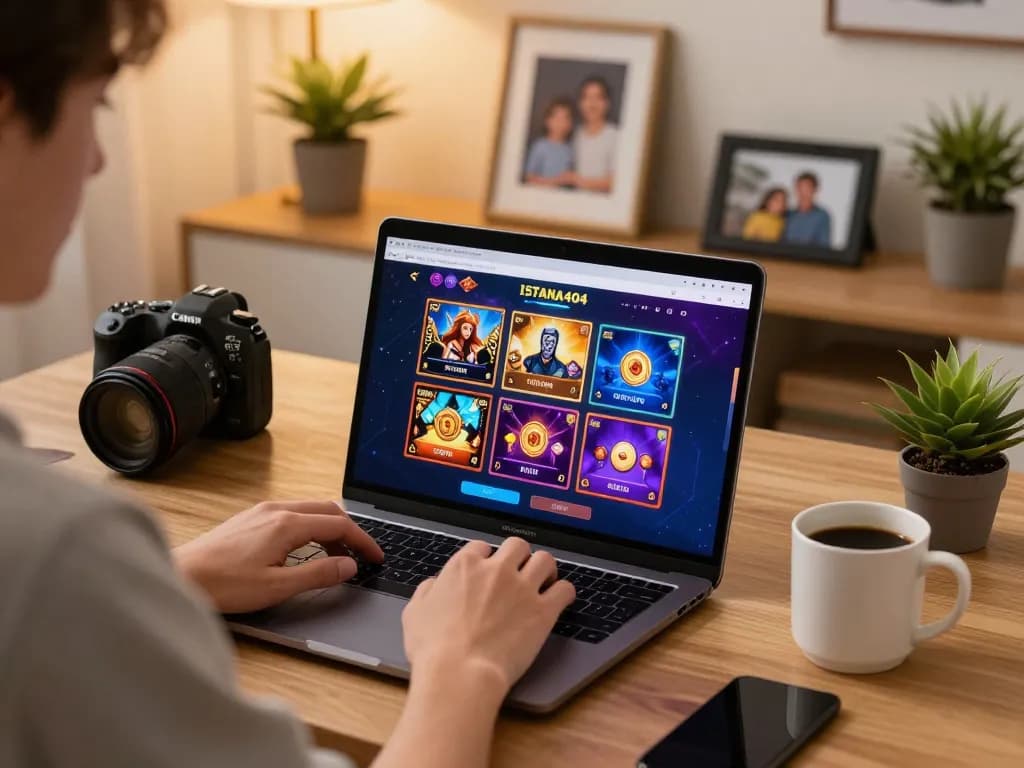 Engaging in online gaming on ISTANA404 platform, showcasing a cozy home workspace.