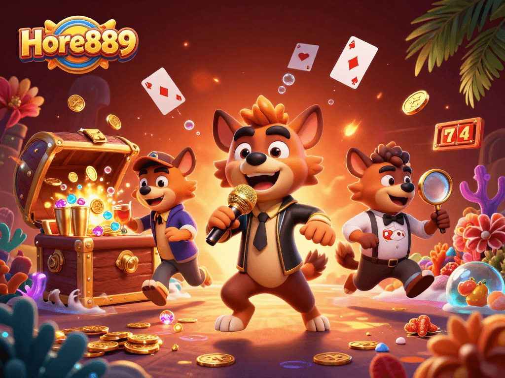 Join the fun at Hore889 as cartoon hyenas entertain in a vibrant casino scene filled with slot elements.