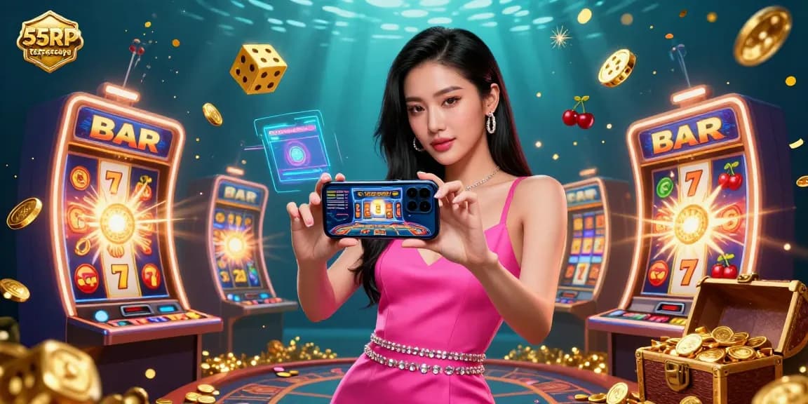 Berinteraksi dengan 55RP terpercaya, semangat permainan digambarkan melalui ilustrasi 3D yang cerah yang menampilkan pengalaman permainan dealer langsung.
