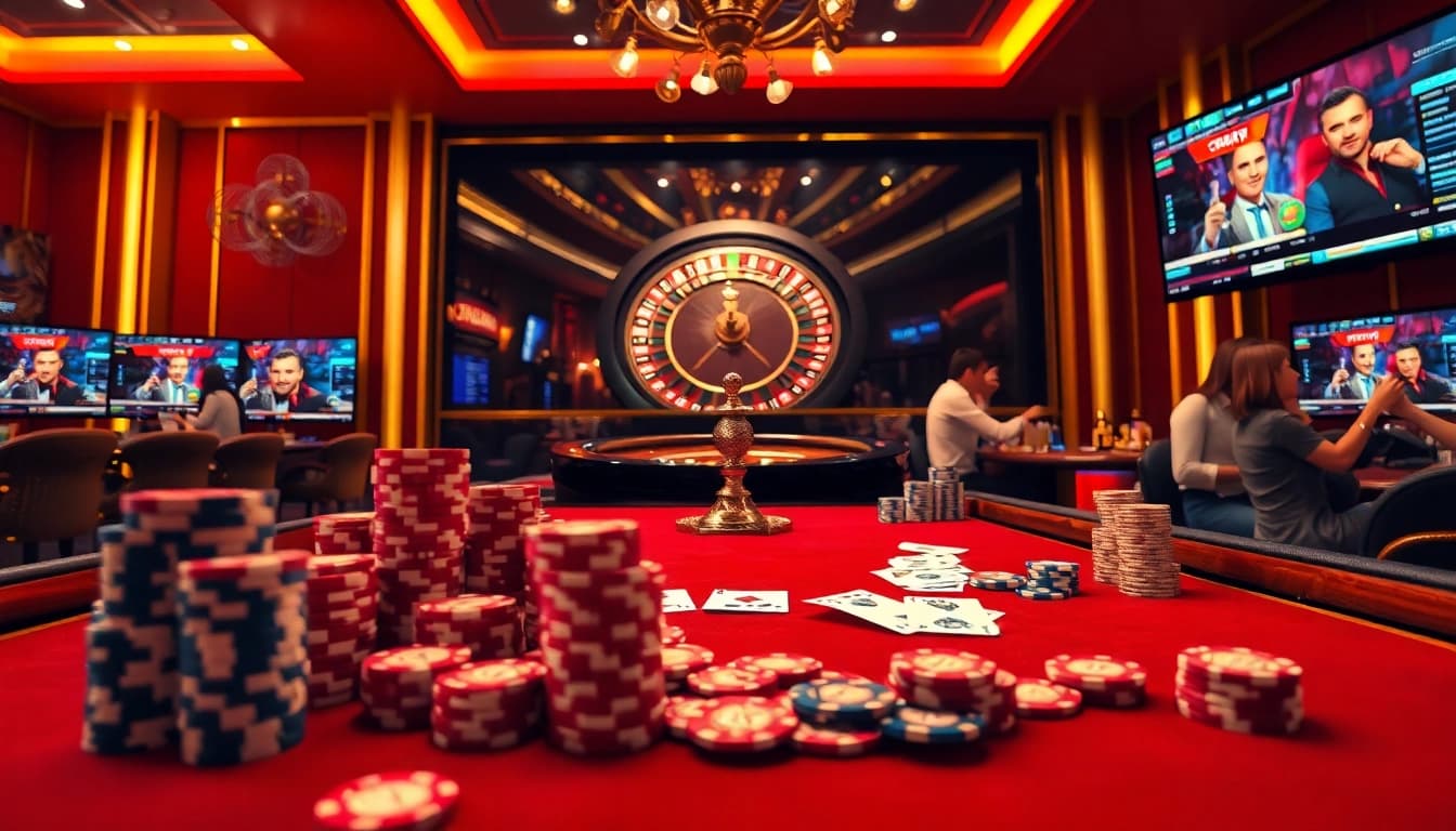 Experience the thrill of tg88 win with gamers at a vibrant casino table, highlighting excitement and winning chances.