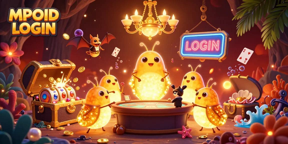 MPOID LOGIN invites players to win big in a vibrant casino atmosphere with glowing glowworms and games.