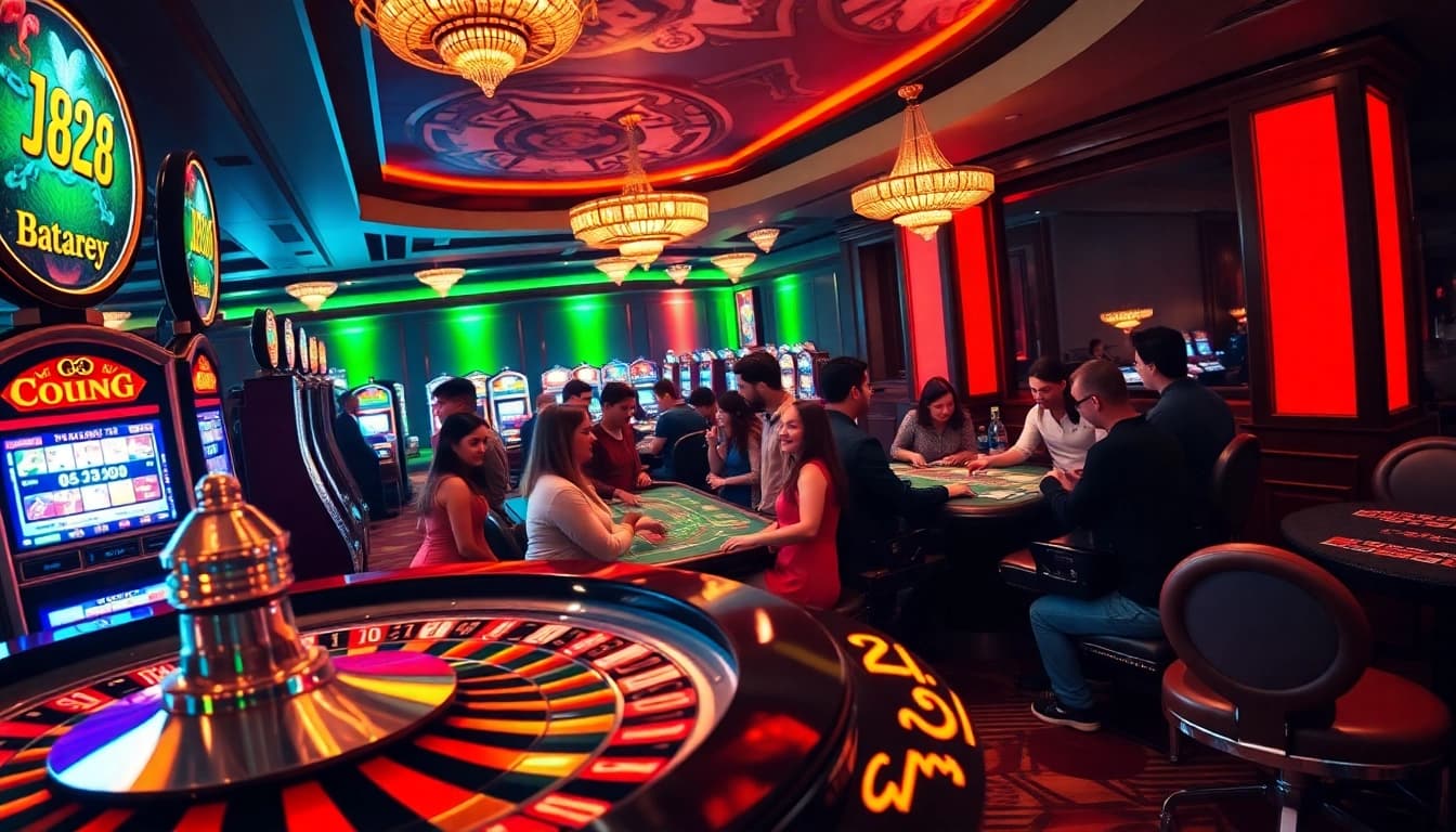 Engaged gamblers enjoying Batara88 at a luxurious casino with roulette and slot machines.