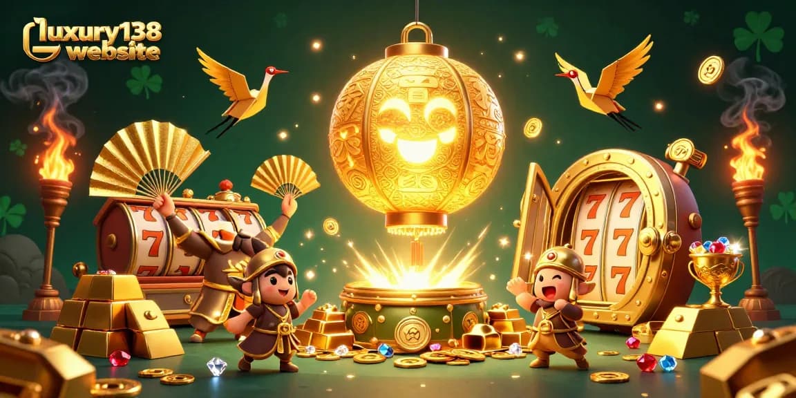 Experience the thrill of the luxury138 website with this vibrant casino-themed illustration showcasing dynamic slot reels and golden treasures.