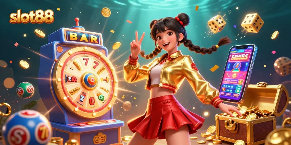Experience thrilling gameplay with slot88 in a vibrant 3D casino scene featuring a joyful character amidst vivid casino-themed elements.