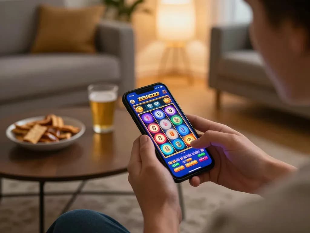 Engaging experience playing ZEUS222 slot game on smartphone within cozy home environment