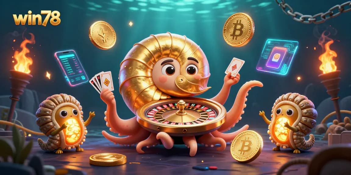 Win78 showcases an ancient nautilus as a roulette wheel in a captivating casino scene.